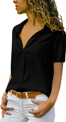 Produktbild von ASKSA Damen Bluse Chiffon Elegant Kurzarm Oberteile Einfarbig V-Ausschnitt Lose Hemdbluse T-Shirt Tops, Schwarz, XL