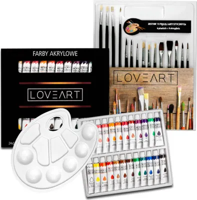 Produktbild von Malset LOVEART Acrylfarben 24x12ml + Pinsel + Malpalette / Pinselset Farbenset