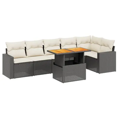 Produktbild von Modulares Gartenmöbel-Set, 7-tlg. Loungesofa mit verstellbarem Tisch, Poly Rattan Schwarz, Kissen Cremeweiß, UV-beständig