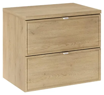 Produktbild von Badezimmer Waschtischunterschrank mit 60 cm Breite in Eiche, mit 2 Schubladen mit Rahmenfräsung, wandhängend - TEMUCO-56-CREMONA