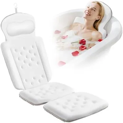 Produktbild von Badewannenkissen Ganzkörper Badekissen, Dickes Badewannenkissen mit Wäschesack, s Kissen für Badewanne Kopfstütze Nacken Schulter Unterstützung Entspannung Spa Zubehör (Weiß, 129,5 x 40,6 cm)