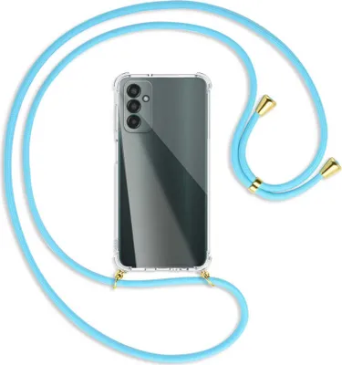 Produktbild von Handykette Backcover-Schutzhülle mit Band (Metall goldfarben) für Samsung Galaxy M13 4G (SM-M135) - himmelblau