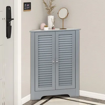 Produktbild von GOPLUS Eckschrank mit Doppelrollladentüren und verstellbarem Regalboden, Badezimmerkabinett für Toilettenartikel, freistehender Bodenschrank für Küche, Wohnzimmer, Badezimmer (Grau)