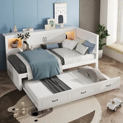 Zdjęcie produktu dla Rozkładana sofa do pokoju dziecięcego z wysuwanymi łóżkami, złączem USB, schowkiem, oświetleniem otoczenia, 90x200 cm, biała