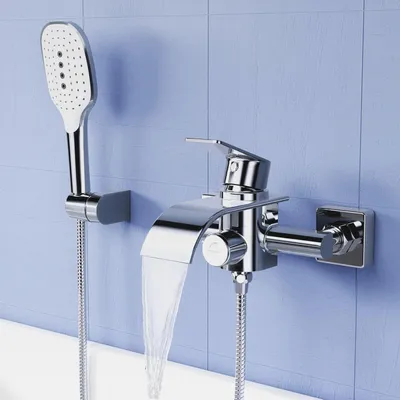 Produktbild von Badewannenarmatur mit Handbrause, Wasserhahn Badewanne Armatur Wasserfall, Messing Mischbatterie Dusche mit 3 Funktionen, Wannenarmatur mit Druckschalter, Duscharmatur Wandmontage - Chrom