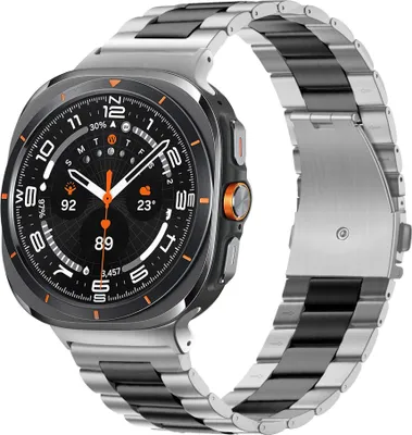 Produktbild von Bandz Stahlgliederarmband Classic mit Faltschließe - passend für Samsung Galaxy Watch Ultra / Ultra 2025 - inklusive Uhrenkürzungsset (silber/schwarz)