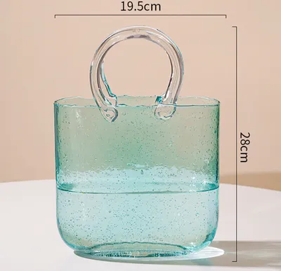 Image de (Bleu) Vase porte-monnaie en verre pour fleurs, vase sac en verre, vase en verre soufflé à la bouche avec bulles d'air, vase en verre décoratif pour les cadeaux d'anniversaire de la Saint-Valentin