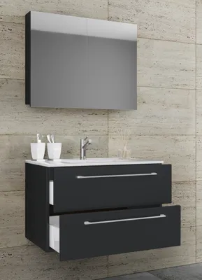 Produktbild von VCM 3-tlg. Set | 1 Waschtisch mit zwei Schubladen, 1 Spiegelschrank, 1 Waschbecken | Keramik Waschbecken | Waschplatz 80 cm – Badinos SC