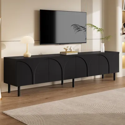Produktbild von okwish moderner Lowboard mit zwei Staufächern, 3D-Kurvendesign,TV-Schrank Vier Türen Metallfüße,Für Wohnzimmer in Schwarz