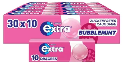 Produktbild von Wrigley's Extra Bubblemint Kaugummi Zuckerfrei (30 x 10 Dragees) - Frucht & Minze Geschmack, Zahnpflege Großpackung + Heartforcards Versandschutz