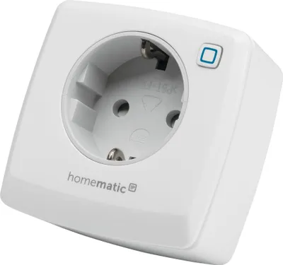 A white smart plug with a European-style socket and a small blue square button.