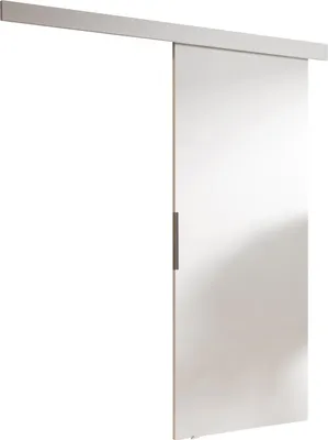 A sliding door is shown from a side angle, mounted on a track.