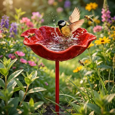 Produktbild von Bienentränke Gartenstecker Metall Rot Blütendesign Insektentränke Vogeltränke