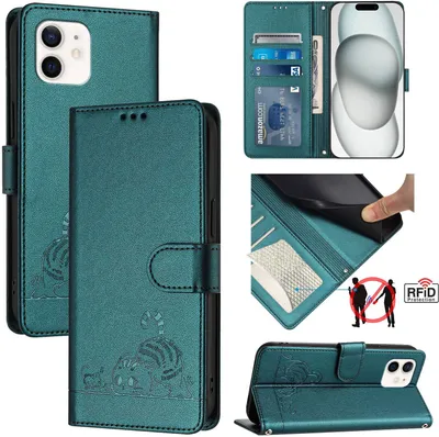 Obrázek produktu pro Kožené pouzdro pro iPhone 12 / 12 Pro, sladká kočka Flip pouzdro s funkcí stojánku a peněženkou zelené