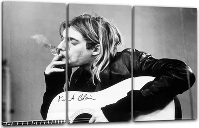 Produktbild von Leinwandbild 3-teilig (120x80cm): Kurt Cobain Kult-Foto schwarz weiss Gitarre Autogramm Grunge, echter Holz-Keilrahmen inkl. Aufhänger, handgefertigt in Deutschland