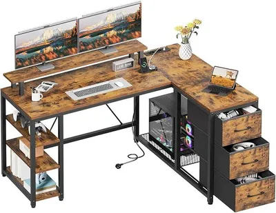 Produktbild von L-förmiger Eckschreibtisch mit Steckdosen, Schreibtisch mit 3 Schubladen und Monitorständer, Computertisch mit Regal, 120 cm Gaming-Tisch für Büro, Home Office, Vintagebraun und Schwarz