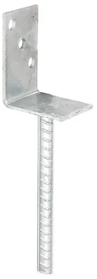 A metal L-shaped post anchor with a ribbed steel rod extending downwards.