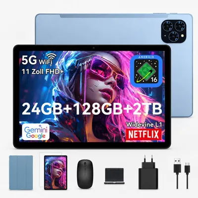 Produktbild von TABWEE T90 Tablet Android 16, 11 Zoll, 24GB (8+16) RAM+128GB ROM(2TB TF), 5G WiFi, mit Stift/Maus/Tastatur, 8000mAh/16MP+8MP/Widevine L1/Gemini AI