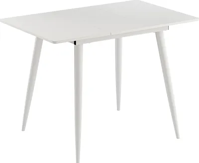 A white dining table with four angled legs, shown from a slightly elevated side angle against a white background.