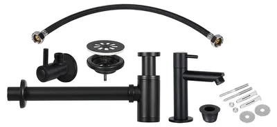 Produktbild von Differnz Handwaschbecken-Installationsset - Mattschwarz - Messing - Komplett mit Eckventil, Kaltwasserhahn, Siphon und Befestigungsset - Wandmontage - Ohne Handwaschbecken