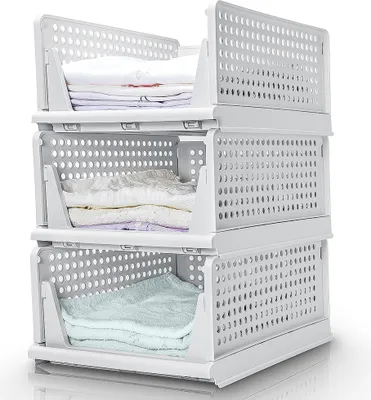 Produktbild von Yorbay Schubladenbox, 3er Set, Stapelbare Kleiderschrank Organizer, Regal Aufbewahrungsbox, Trennwand Stapelschubladen für Kleidung Küchen Schlafzimmer, Weiß (Groß: 43 x 33 x 19 cm)