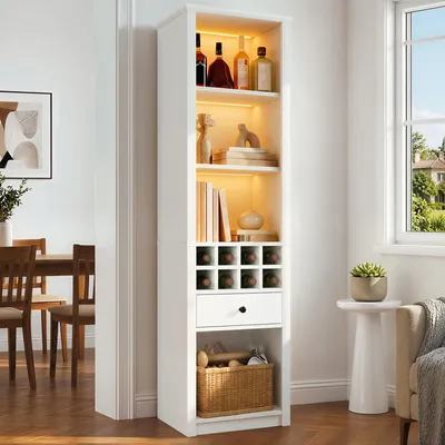 Immagine prodotto di Mobiletto per vino 55 x 40 x 200 cm con LED RGB, 8 scomparti per bottiglie, 1 cassetto e 4 ripiani aperti, controllo tramite app via USB e Bluetooth, realizzato in MDF, colore bianco