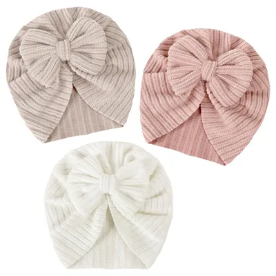 Immagine prodotto di Set di 3 berretti a turbante per neonati e bambini, morbidi, elasticizzati e con fiocco