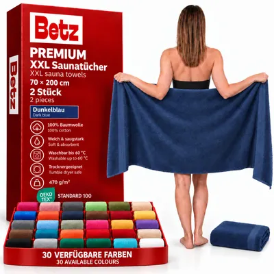 Image de Betz 2 serviettes de sauna 70 x 200 cm PREMIUM 100% coton Drap de bain Drap de plage Couleur : bleu foncé
