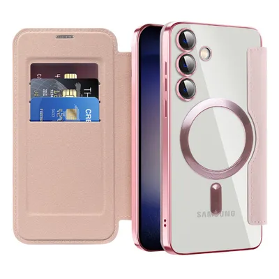 Produktbild von Klapphülle für Samsung Galaxy S25+ Kompatibel mit Magsafe, Klar Überzug Kartenhalter Ledertasche mit Kameraschutz Pink