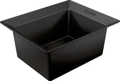 A black sink insert is shown from a high angle, isolated on a white background.