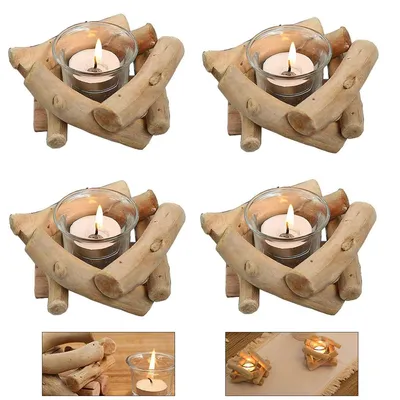 Produktbild von 4 rustikale Kerzenständer aus Holz mit Glas, Vintage Teelichthalter im Treibholz-Design, ideal für Wohnzimmer, Hochzeit und Esstisch Dekoration