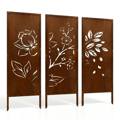 Produktbild von Stahl-Lotusblumen-Gartensichtschutz-Set (3x) 160x50cm – Lasergeschnittenes Metall-Sichtschutzpaneel im Corten-Stil