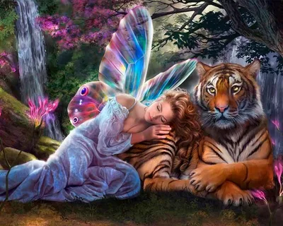 Produktbild von Diamantmosaik: Tiger mit schlafendem Elfen im Wald, 30x40 cm, kreatives Design