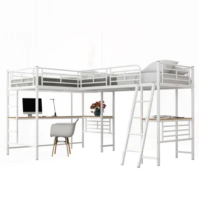 Produktbild von Merax Etagenbett Hochbett 90x200 cm, mit Tisch unter dem Bett, Doppeltreppe, hohes Geländer, 2 Etagenbetten, Metall Kinderbett, Jugendbett, Weiß