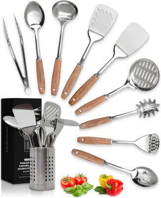 Produktbild von Famanu Küchenutensilien Set 10-teilig – Hochwertiger Edelstahl – Mit Holzgriffen