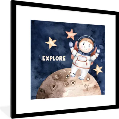 Produktbild von MuchoWow® Gerahmtes Poster Sprichwörter - Zitate - 'Erforschen' - Astronaut - Jungen - Mädchen - Kinder 40x40 cm - Poster mit Schwarzem Bilderrahmen Wandposter Rahmen Foto Bilder - Poster - Plakat im Rahmen