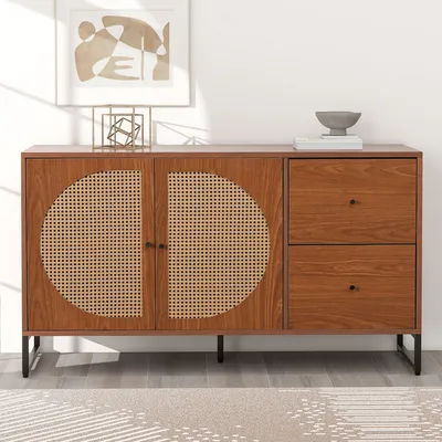 Produktbild von Merax komoda z 2 szufladami i 2 przegrodami, kredens z rattanowymi drzwiami i metalową podstawą, kredens wysoki rattan szafki do salonu lite drewno 130x40x75cm