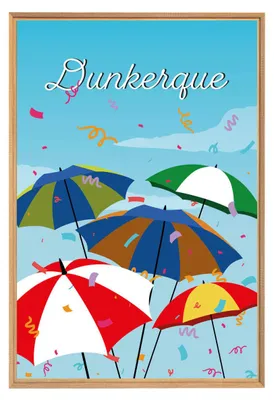 Image de Tableau mural encadré illustration parapluies Dunkerque 65x97 cm, Tableau mural moderne pour décoration intérieure
