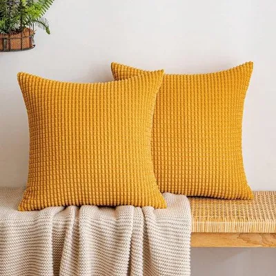 Image de Ibenzoa® : Lot de 2 housses de coussin à cordons – 40 x 40 cm, en polyester, couleur curcuma, avec discrètes applications de perles, fermeture éclair invisible, pour canapé et salon