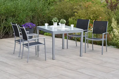 Produktbild von Merxx Gartenmöbelset "Milano" 5tlg. mit Ausziehtisch 120/180 x 90 cm - Aluminiumgestell Silber mit Textilbespannung Schwarz