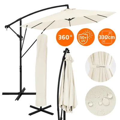 Obrázek produktu pro ML-Design Slunečník Ø 330 cm béžový hliníkový obdélníkový, slunečník s klikou, krytem a stojanem UV50+ a vodoodpudivý, otočný o 360° a naklápěcí