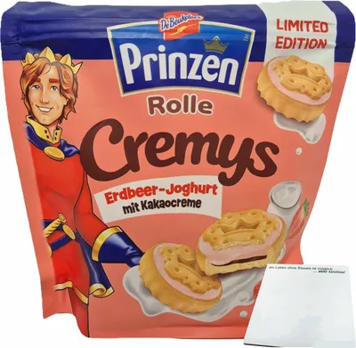 Produktbild von Prinzen Rolle Cremys Erdbeer-Joghurt mit Kakaocreme (172g Packung) + usy Block