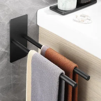 Obrázek produktu pro Držák na ručníky bez vrtání – nerezová ocel, matný povrch – samolepicí – elegantní nástěnná montáž