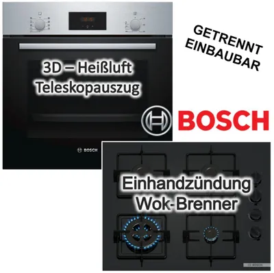 Produktbild von Herdset Bosch Einbaubackofen 3D Heißluft Teleskopauszug Schnellaufheizen Pizzastufe + Gaskochfeld Wokbrenner