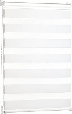 A white roller blind with horizontal stripes of opaque and sheer fabric, hanging vertically.
