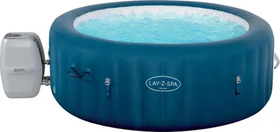 An inflatable hot tub filled with water, with its control unit attached.
