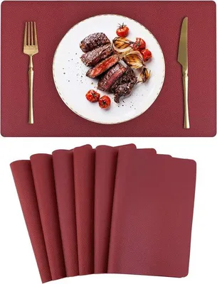 Produktbild von Unyqoos® Platzsets aus PU‑Kunstleder – 6er Set Platzdeckchen 42×30 cm, breitrot, hitzebeständig bis 80 °C, wasserdicht & abwaschbar