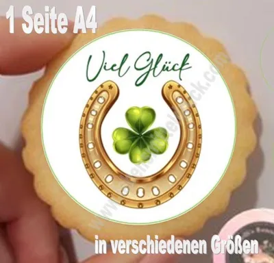 Produktbild von Glücksbringer Hufeisen mit Kleeblatt Aufleger klein 1 Seite A4 für Lebkuchen, Cupcakes, Kekse, Kuchen in gewünschtem Durchmessern Oblatenpapier 0,6 Wafer Paper keine - einfach selber ausschneiden 3,8 cm 35 Stk.