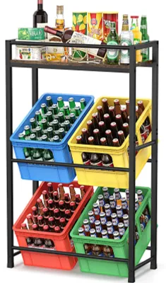 Image de Étagère métallique pour 4 caisses de boissons, avec plateau en bois - Capacité de charge : 120 kg