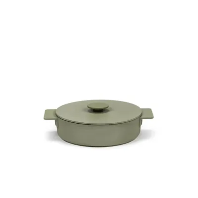 A single green pot with a lid is centered on a white background.